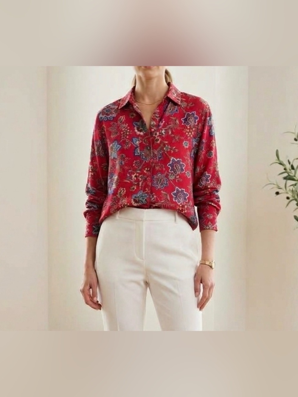 Vintage 90s Liz Wear Red Floral Paisley Button Down Shirt Size M Rayon Retro